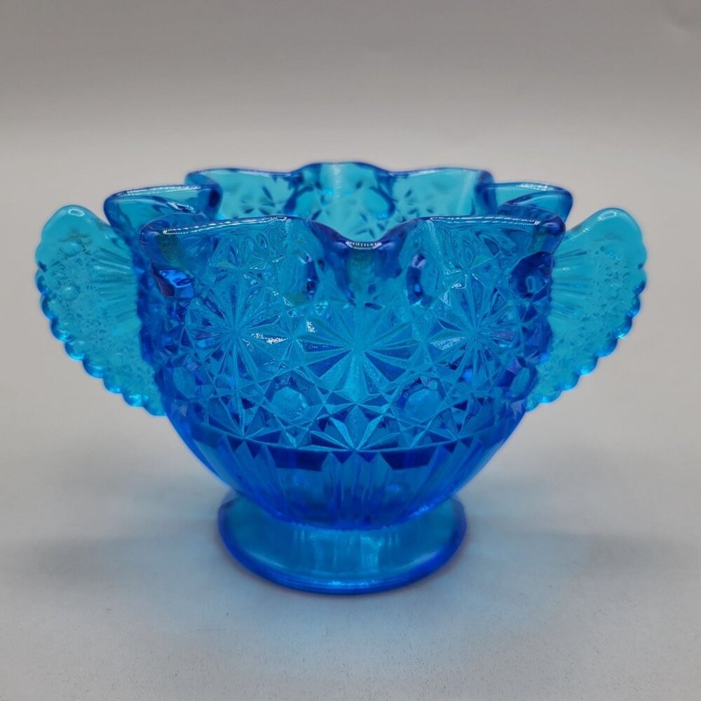 1930s Fenton Daisy and Button Winged Sugar Bowl Blue Art Deco Crimped Top